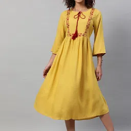 STREET 9 Mustard Yellow & Red Tie-Up Neck A-Line Midi Dress-25