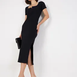 SASSAFRAS Square Neck Knitted Sheath Midi Dress-image-62