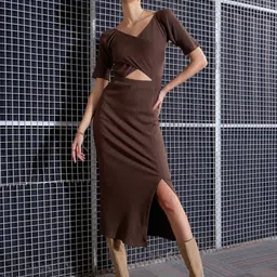 SASSAFRAS Brown V-Neck Cut-Out Side Slit Midi Sheath Dress-image-12