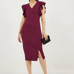 Styli Women Solid V-Neck Bodycon Casual Midi Dress With Sleeve Ruffles-picture-38