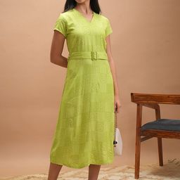 Vishudh Lime Green Bandhani Printed Belted A-Line Midi Dress-picture-27