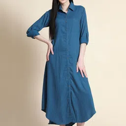 Rudraaksha Creations Striped Roll-Up Sleeves Shirt Midi Dress-image-85