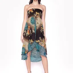 250 DESIGNS Brown & Blue Floral Printed Smocked Tulip Fit & Flare Dress-picture-7