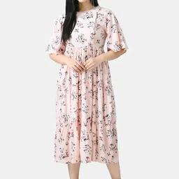 Aaruvi Ruchi Verma Peach-Coloured Floral Printed Maternity Midi Dress-image-59