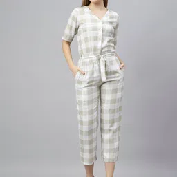 FLAMBOYANT Women Green & White Checked V-neck Capri Jumpsuit-picture-16
