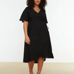 Trendyol Flared Sleeves V-Neck Tie-Up Detail Midi Wrap Dress-image-54