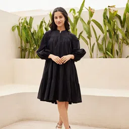 Ambraee Mandarin Collar Bishop Sleeves Cotton Tiered Midi Dress-image-74