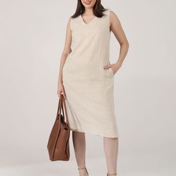 Saltpetre Women V-Neck Linen Midi A-Line Dress-image-60