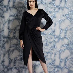 Athena Black V-Neck Long Sleeves Gathered Wrap Midi Dress-picture-7