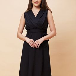 Globus Black V-Neck Sleeveless Belted Fit & Flare Dress-image-109