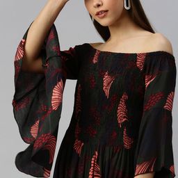 SHOWOFF Green Floral Off-Shoulder A-Line Midi Dress-image-42