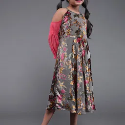 Aks Kids Girls Floral Printed Cold-Shoulder A-Line Midi Dress-image-29