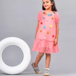 ZION Girls Self Design Puff Sleeve Applique Net Drop Waist Dress-picture-8