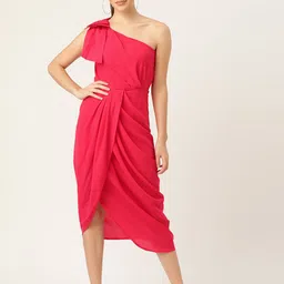 DODO & MOA Women Pink One Shoulder Crepe Wrap Midi Dress-picture-10