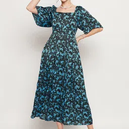 BAESD Blue Floral Printed Flared Sleeves Square Neck Chiffon Fit And Flare Midi Dress-image-51