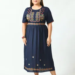 SAAKAA Plus Size Blue Floral Embroidered Empire Midi Dress-picture-14