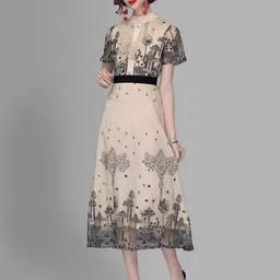 JC Collection Women Beige & Black Semi-Sheer Midi Dress-image-11