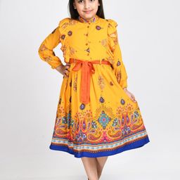 Bella Moda Yellow Ethnic Motifs Midi Dress-image-4
