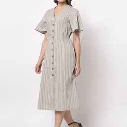 Gipsy Beige & Black Striped Satin A-Line Midi Dress-picture-5