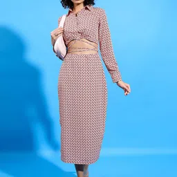 Tokyo Talkies Peach-Coloured Geometric Printed Shirt Midi Dress With Cut Outs-13