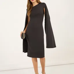 Styli Women Solid Long Cape Sleeve Sheath Midi Dress-image-45