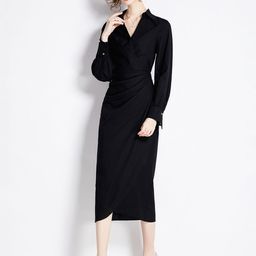 JC Collection Shirt Collar Cuffed Sleeves Gathered Wrap Midi Dress-picture-14