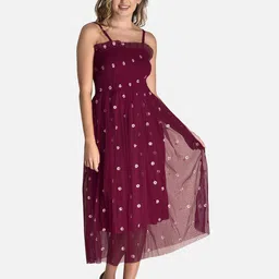 FIMS Floral Embroidered Net Midi A-Line Dress-image-76