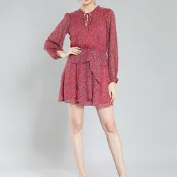 Aditi Wasan Puff Sleeves Printed Tie-Up Neck Chiffon Mini Dress-image-37