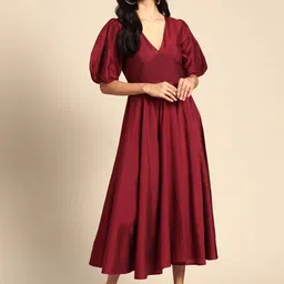 anayna Maroon Solid Puff Sleeves V Neck Embroidered Detail Midi Dress-image-26