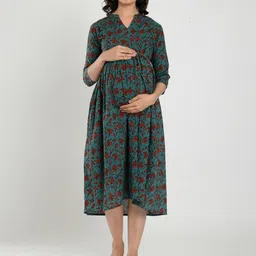 CRAFIQA Floral Print Mandarin Collar Fit & Flare Maternity Midi Dress-image-92
