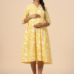 CRAFIQA Floral Printed Cotton Fit & Flare Midi Maternity Dress-image-19