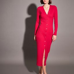 SASSAFRAS Pink V-Neck Ribbed Sheath Midi Dress-image-86