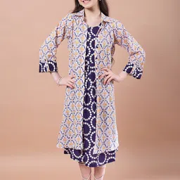 pspeaches Girls Geometric Print Cotton Round Neck A-Line Midi Dress with Shrug-3