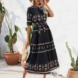 StyleCast Black Ethnic Motifs Printed Band Collar Tie-Ups Midi A-Line Dress-image-72