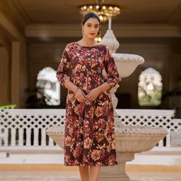 Nayo Boat Neck Floral Print A-Line Midi Dress-image-72
