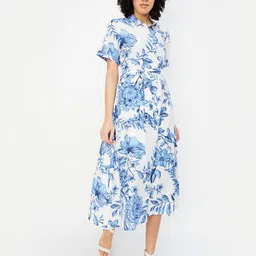 max Floral Printed Shirt Collar A-Line Midi Dress-image-70