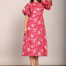 KAORI BY SHREYA AGARWAL Round Neck Short Puff Sleeves Floral Print A-Line Midi Dress-image-62