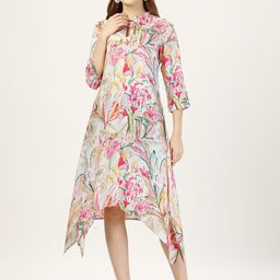 OCTICS Floral Printed Mandarin Collar A-Line Midi Dress-image-61