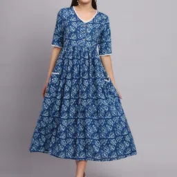 DECKEDUP V Neck Floral Printed Lace-Up Detail Cotton A-Line Midi Dress-image-92