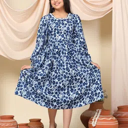 FASHION DREAM Girls Floral Print Square Neck Puff Sleeves Cotton A-Line Midi Dress-image-47