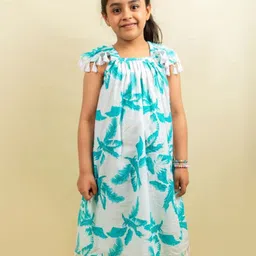 THEONI Girls Floral Printed Flutter Sleeves Tasselled Gathered Cotton A-Line Midi Dress-image-37