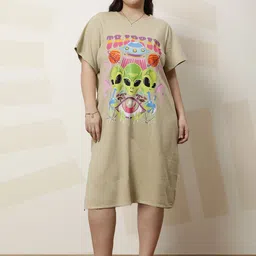 Athena Ample Women Plus Size Graphics Printed Round Neck Cap Sleevess Midi Tshirt Dress-image-76