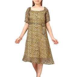 BAESD Girls Animal Printed Square Neck Puff Sleeves Tie-Ups Cotton A-Line Midi Dress-picture-25