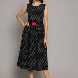 KALINI Ethnic Motifs Print Tie-Up Neck Cotton A-Line Midi Dress-picture-20