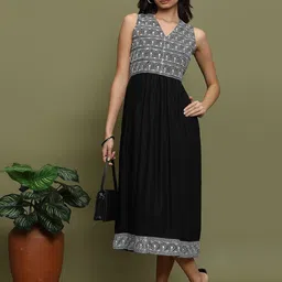 Vishudh Black Geometric Embroidered A-Line Midi Dress-image-80