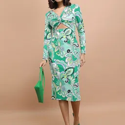Tokyo Talkies Green Ethnic Motifs Printed V-Neck Cut Out Twisted Sheath Dress-image-30