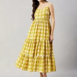 WineRed Floral Printed Shoulder Straps Cotton Fit & Flare Midi Dress-picture-35