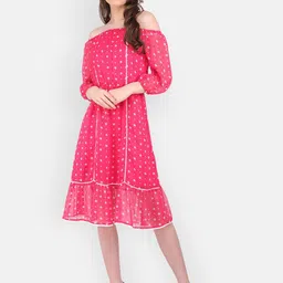MARC LOUIS Women Pink & White Printed Off-Shoulder Chiffon Dress-picture-23