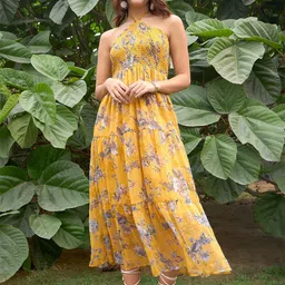 RARE Floral Printed Halter Neck Smocked A-Line Midi Dress-picture-15