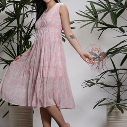 Sera White V-Neck Floral Print Chiffon Midi Fit and Flare Dress-image-2